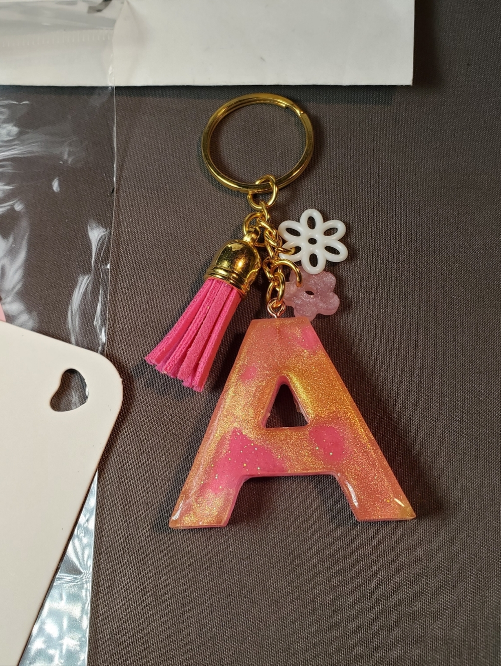 "A" Resin Initial Keychain with Floral Charm & Tassel